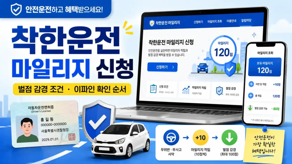 착한운전 마일리지 신청과 벌점 감경 조건을 이파인에서 확인하는 방법을 보여주는 안내 이미지