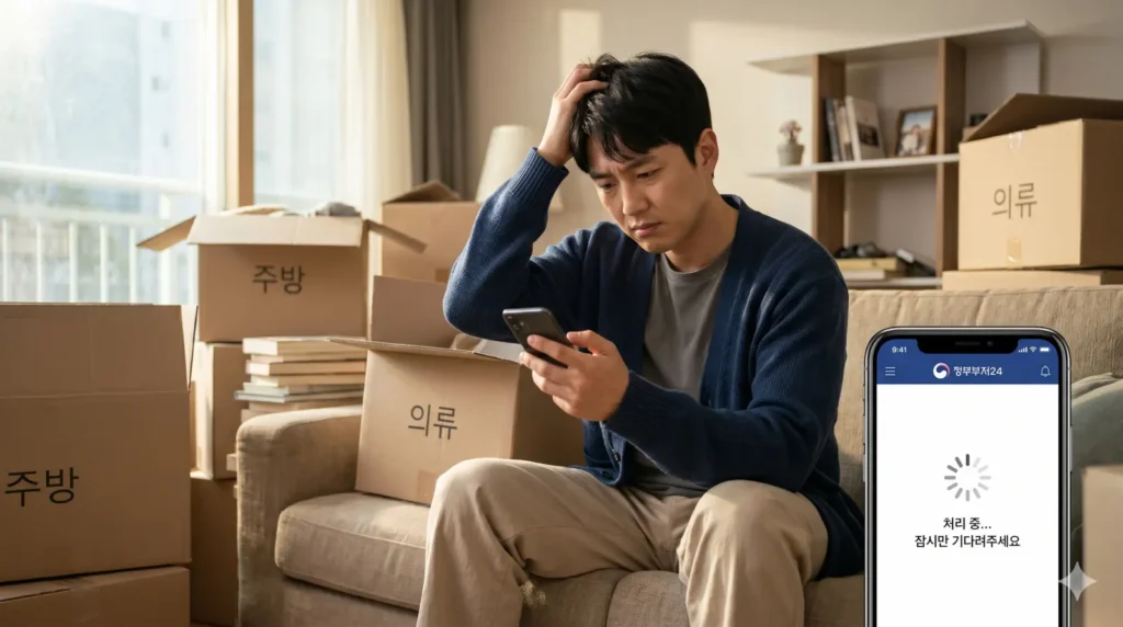 소파에 앉아 이사 상자들 사이에서 한 손으로 머리를 쥐어뜯으며 스마트폰을 바라보는 좌절한 한국 남성의 모습. 우측 하단에는 "정부24" 앱 화면이 크게 삽입되어 "처리 중... 잠시만 기다려주세요"라는 텍스트와 함께 로딩 중임을 보여준다.