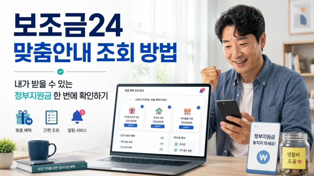 보조금24 맞춤안내 조회 방법을 설명하는 대표 이미지로, 정부지원금을 한 번에 확인하는 장면을 보여줍니다.