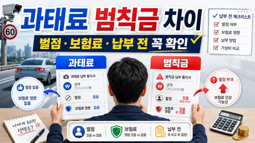 과태료와 범칙금 차이를 벌점, 보험료 영향, 납부 전 확인 기준으로 비교한 안내 이미지