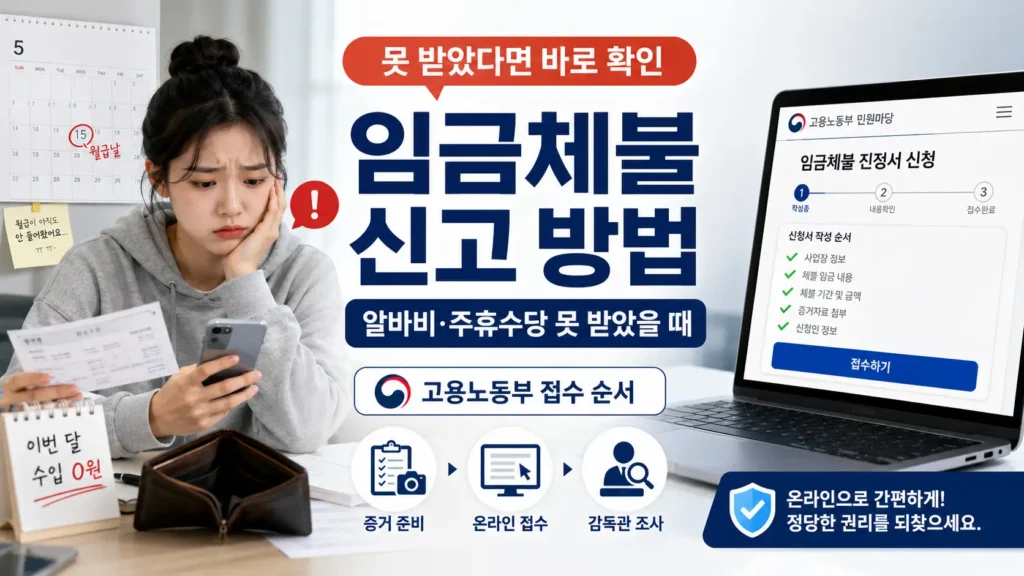 임금체불 신고 방법과 알바비 주휴수당 미지급 시 고용노동부 노동포털 접수 순서를 안내하는 이미지