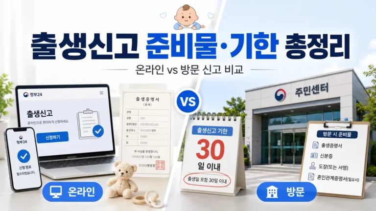 출생신고 준비물과 신고 기한을 온라인 신고와 주민센터 방문 신고로 비교한 대표 이미지