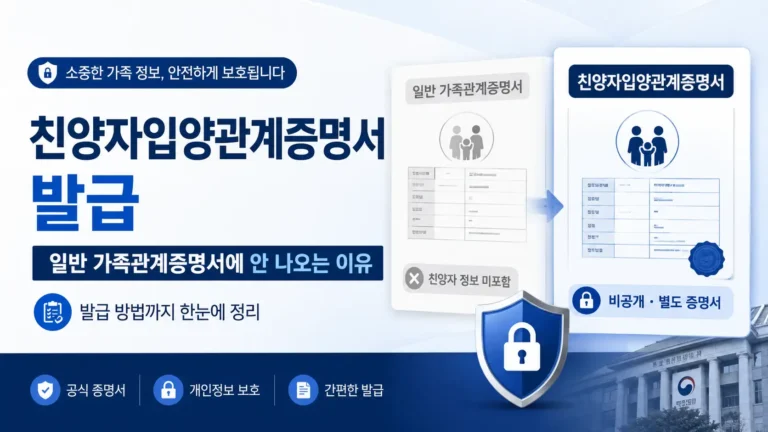친양자입양관계증명서가 일반 가족관계증명서와 분리되어 발급되는 이유와 온라인 발급 방법을 안내하는 이미지
