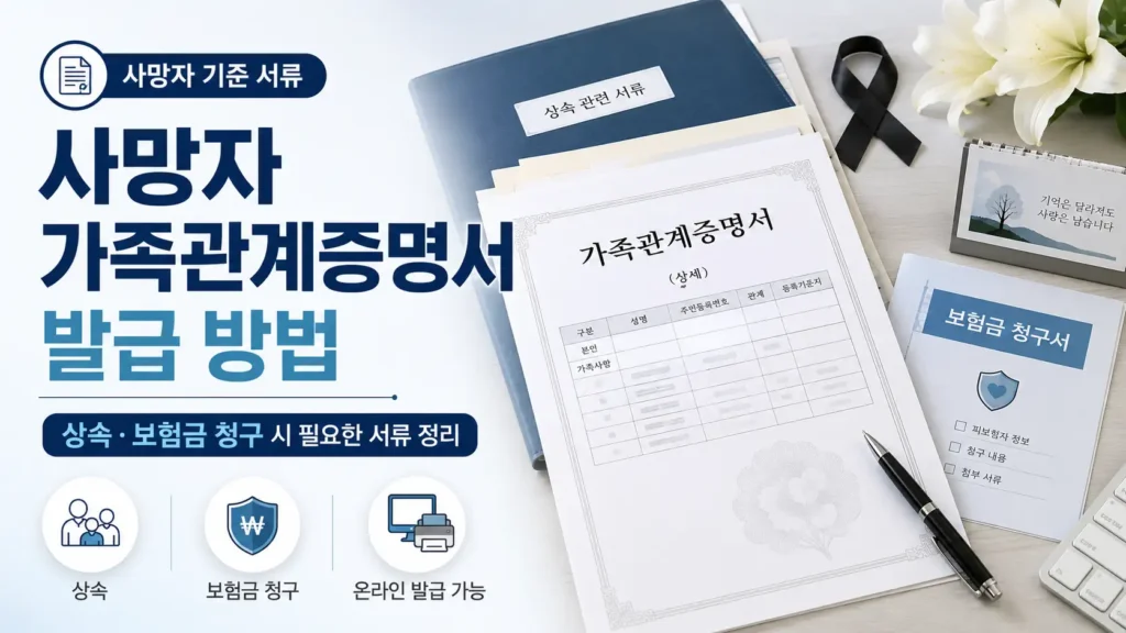 상속과 보험금 청구에 필요한 사망자 가족관계증명서 발급 방법을 정리한 대표 이미지