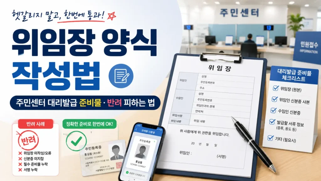 주민센터 대리발급을 위한 위임장 양식 작성법과 준비물 체크리스트를 보여주는 이미지