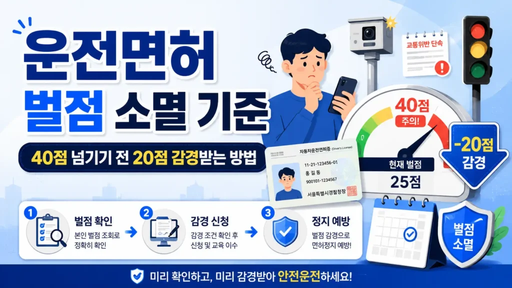 운전면허 벌점 소멸 기준과 40점 넘기기 전 20점 감경받는 방법을 설명하는 대표이미지