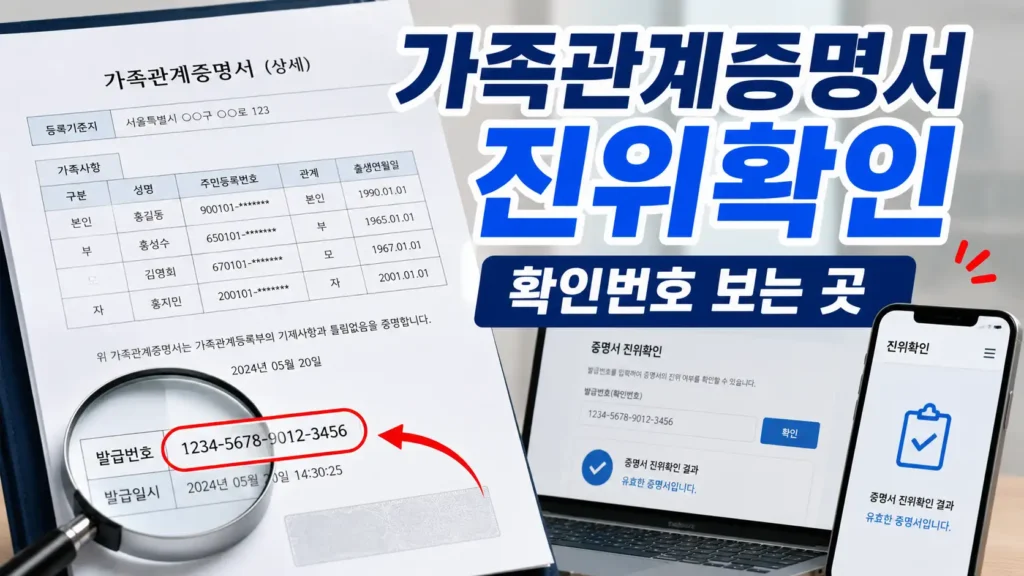 가족관계증명서 좌측 하단 발행번호로 진위확인하는 방법을 안내하는 이미지