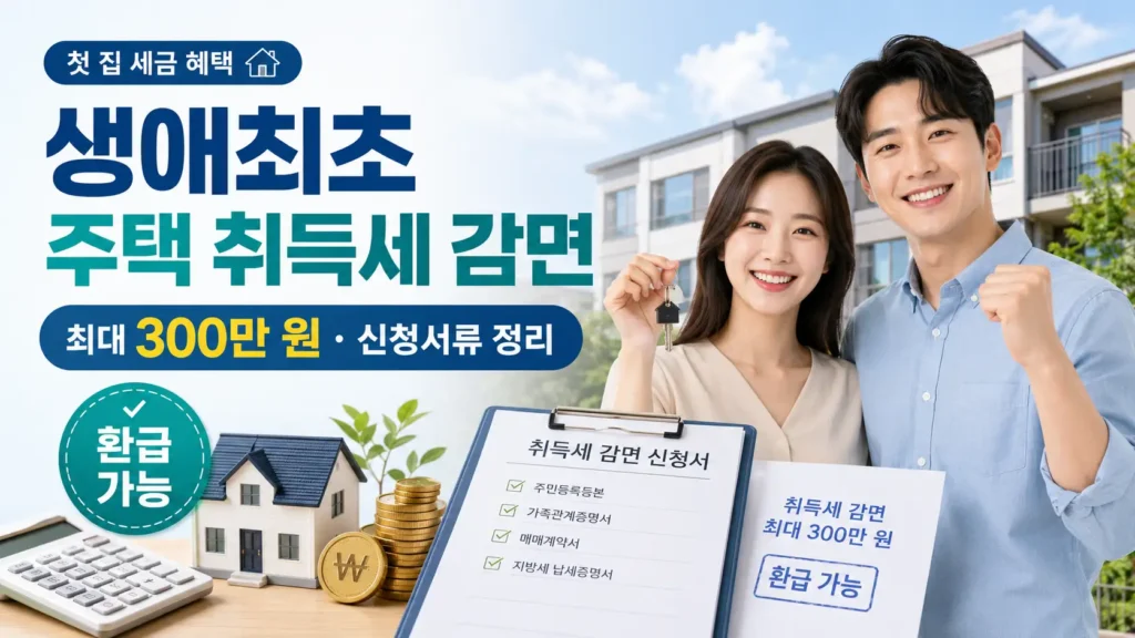 생애최초 주택 취득세 감면 조건과 최대 300만 원 환급 신청서류를 안내하는 대표 이미지