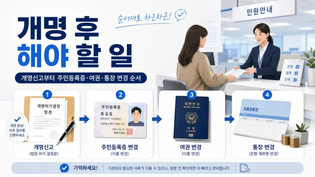 개명 후 해야 할 일 개명신고부터 주민등록증 여권 통장 변경 순서를 안내하는 민원 절차 대표 이미지