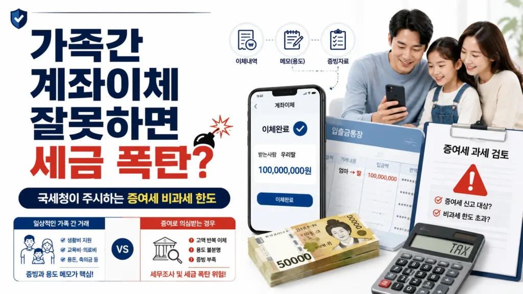가족간 계좌이체 시 증여세 세금 폭탄 위험과 비과세 한도를 설명하는 대표 이미지