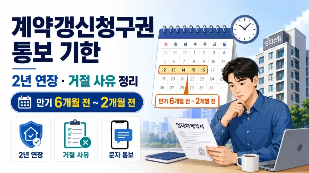 계약갱신청구권 통보 기한과 2년 연장 가능 기간 및 집주인 거절 사유를 설명하는 이미지