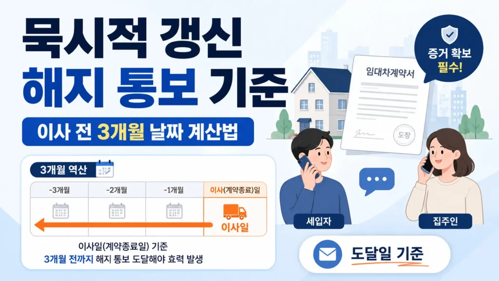 묵시적 갱신 해지 통보 기준과 이사 전 3개월 날짜 계산법을 설명하는 이미지