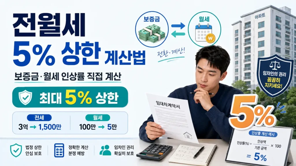 전월세 5% 상한 계산법과 보증금 월세 인상률을 직접 계산하는 방법을 설명하는 이미지