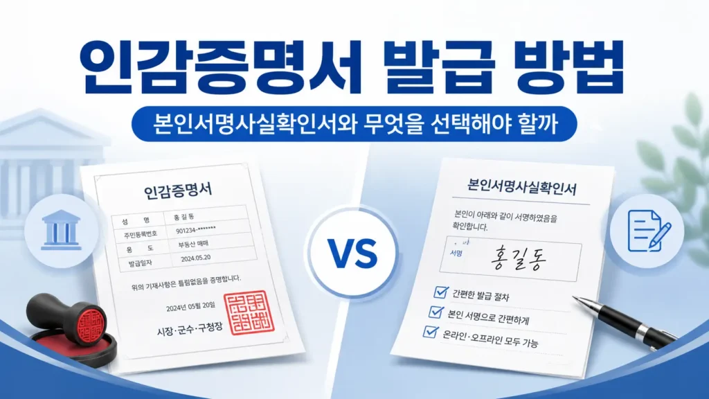 인감증명서와 본인서명사실확인서를 비교해 어떤 서류를 선택해야 하는지 안내하는 이미지