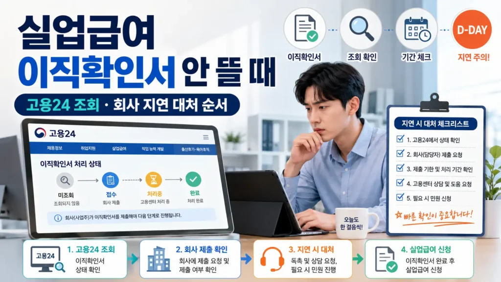 실업급여 이직확인서가 고용24에서 조회되지 않을 때 회사 지연 제출 대처 순서를 안내하는 이미지