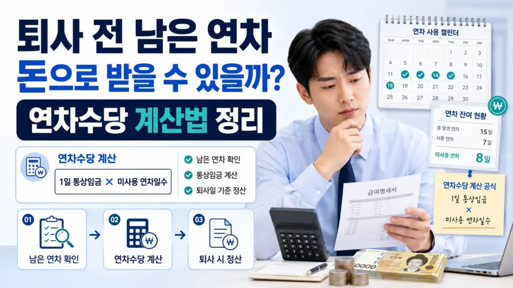 퇴사 전 남은 연차를 돈으로 받을 수 있는지와 연차수당 계산법을 안내하는 이미지