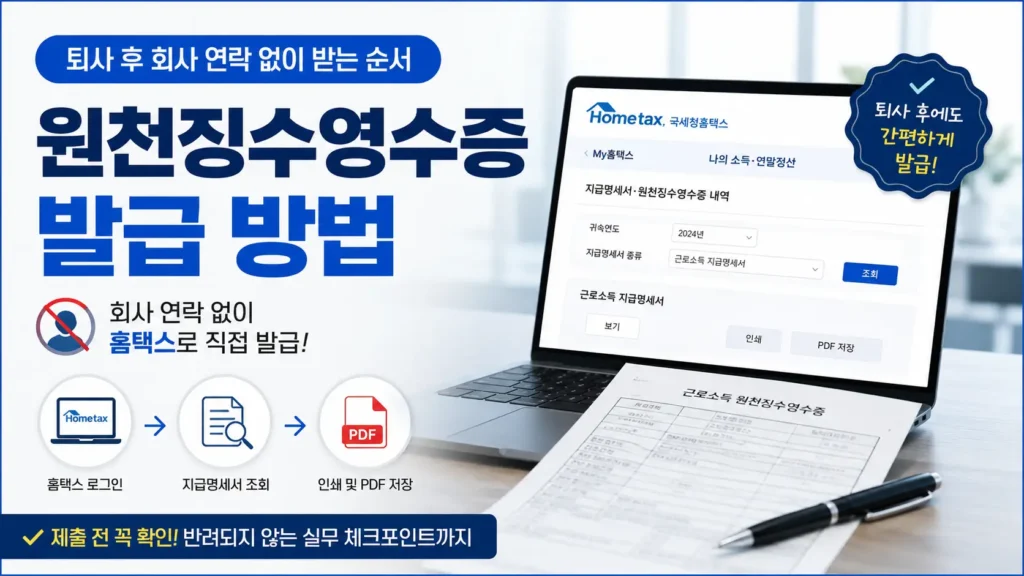 퇴사 후 회사 연락 없이 홈택스에서 원천징수영수증 발급 방법과 PDF 저장 순서를 안내하는 대표 이미지