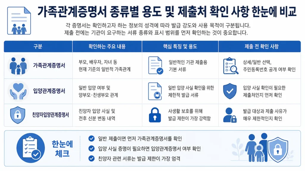 가족관계증명서 종류별 용도 및 제출처 확인 사항 표