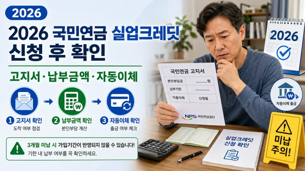 2026 국민연금 실업크레딧 신청 후 고지서 납부금액 자동이체 확인 및 3개월 미납 주의 안내