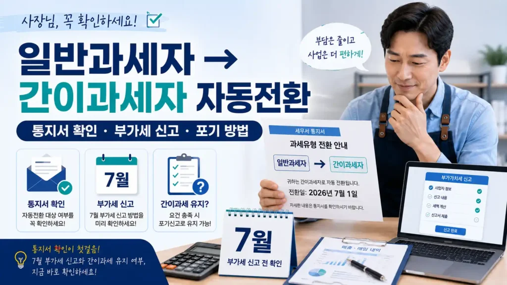 2026년 7월 1일 일반과세자에서 간이과세자로 자동전환되는 통지서 확인과 부가세 신고 및 포기 방법 안내