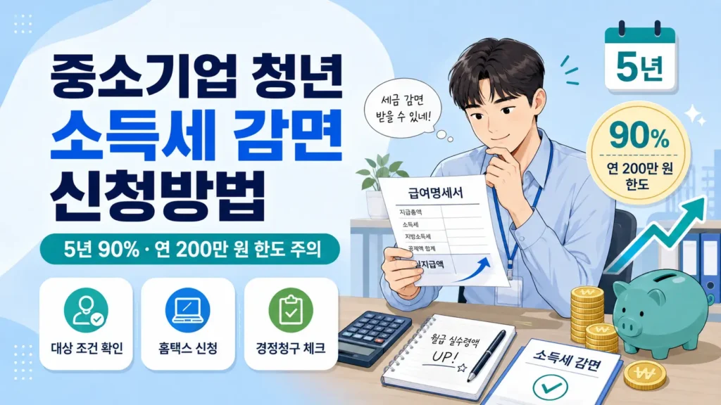 중소기업 청년 소득세 감면 신청방법과 5년 90% 감면, 연 200만 원 한도 주의사항을 설명하는 대표이미지