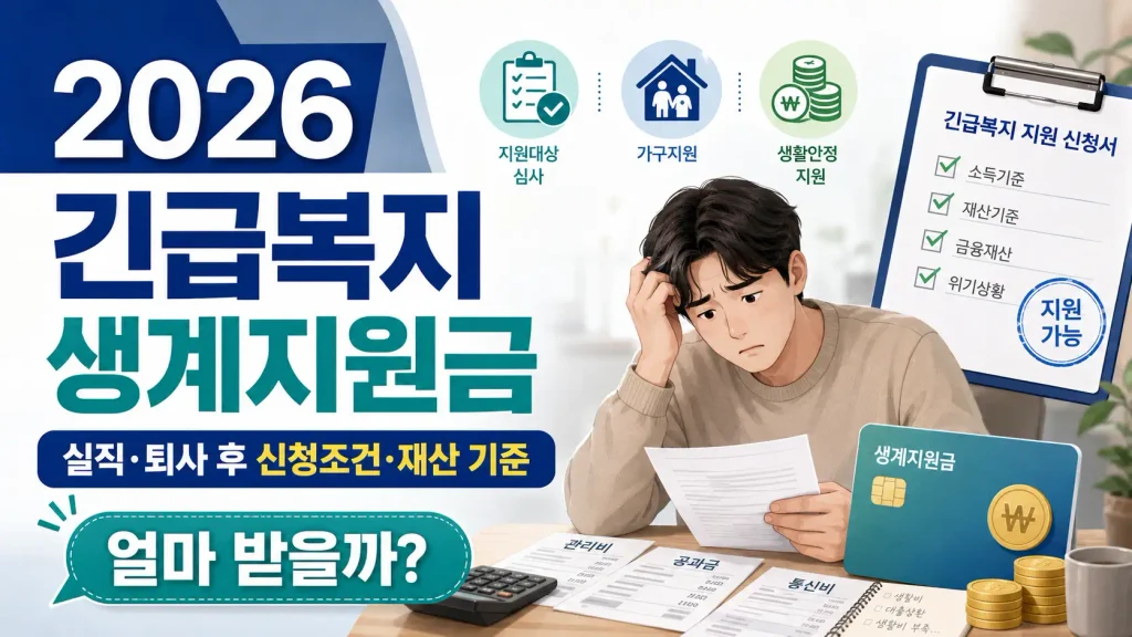 2026 긴급복지 생계지원금 실직 퇴사 후 신청조건과 재산 기준 안내 대표이미지
