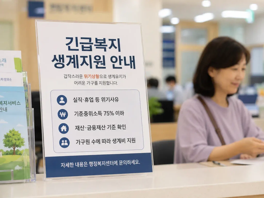 2026 긴급복지 생계지원금 신청조건과 재산 기준을 안내하는 행정복지센터 안내문