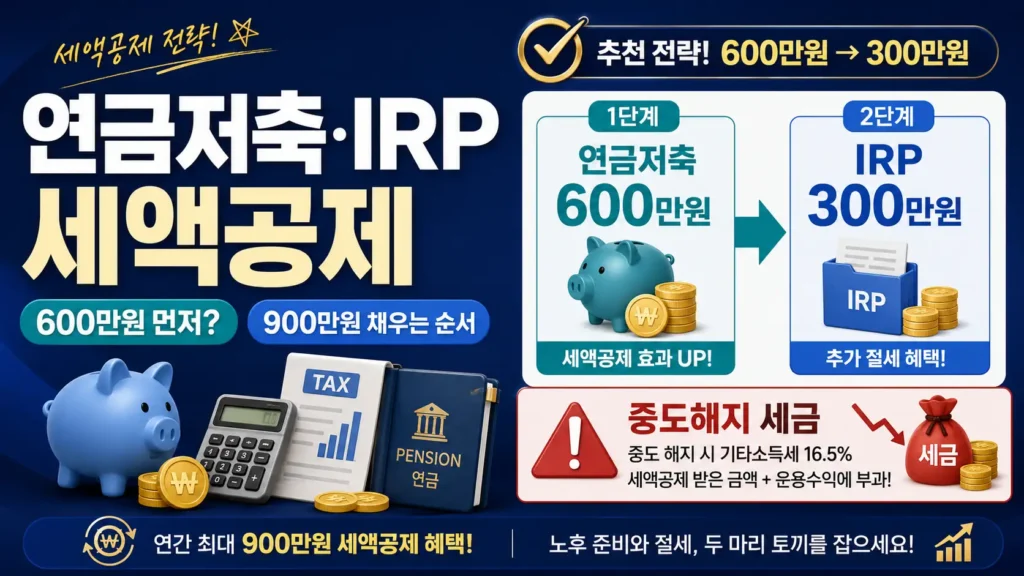 2026 연금저축 IRP 세액공제 900만원 연금저축 600만원 IRP 300만원 납입 순서와 중도해지 세금