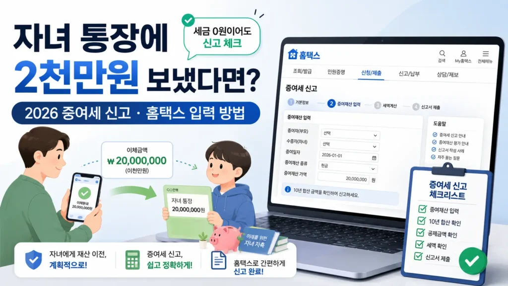 2026 자녀 통장 2천만원 증여 후 증여세 신고와 홈택스 입력 방법 안내 대표이미지