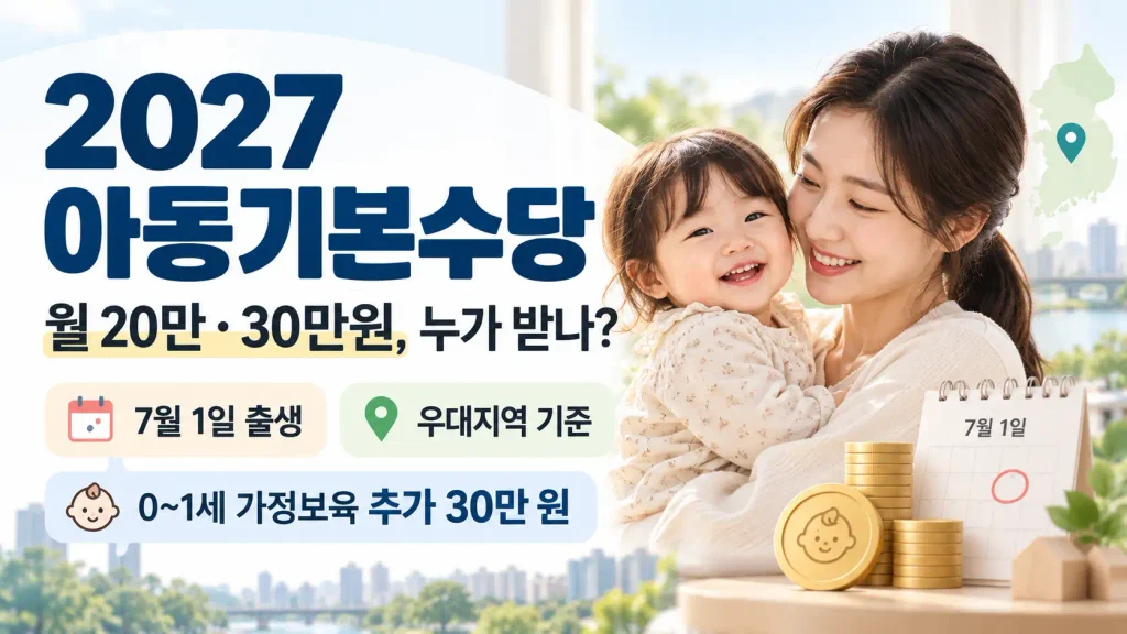2027 아동기본수당 월 20만·30만원 지급 기준과 7월 1일 출생·우대지역 안내