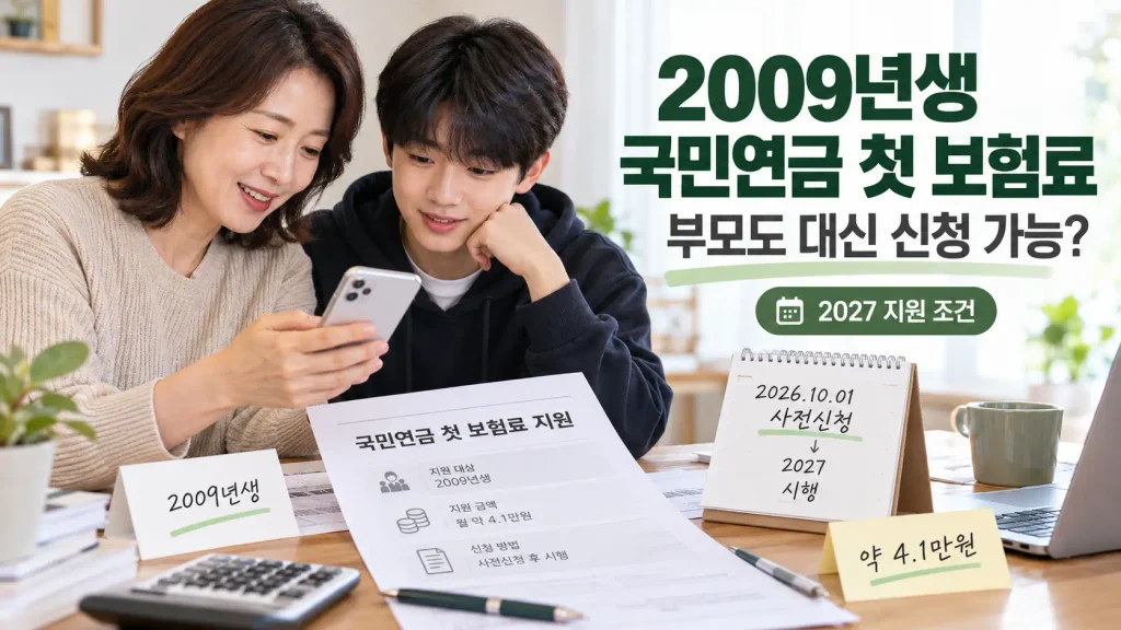 2009년생 국민연금 첫 보험료 지원 안내, 2027년 지원 조건과 부모 대리신청 가능 여부를 확인하는 모습